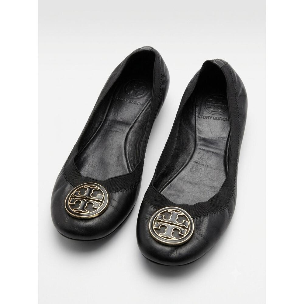 Tory Burch Reva Ballet Flats Black Leather Double T Logo Sz 7.5